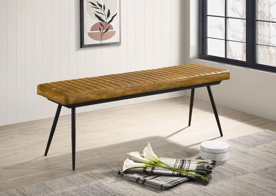 Misty Leather Upholstered Dining Bench – Antique Camel Goat Leather with Vertical Tufting, Black Metal Tapered Legs, Industrial Rustic Modern Accent