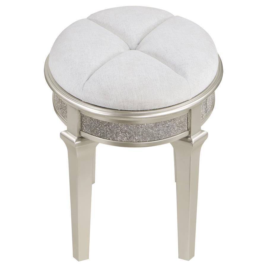 Evangeline Upholstered Oval Vanity Stool in Silver Oak and Ivory – Glam Chenille Seat with Glitter Trim, Tapered Legs & Elegant Backless Design