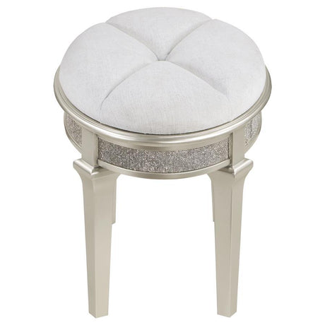 Evangeline Upholstered Oval Vanity Stool in Silver Oak and Ivory – Glam Chenille Seat with Glitter Trim, Tapered Legs & Elegant Backless Design