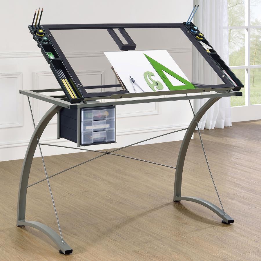 Melo Glass Top Drafting Table with Storage – Silver Modern Desk with Tempered Glass, Steel Frame, Drawers, Pencil Ledge, and Office Organization