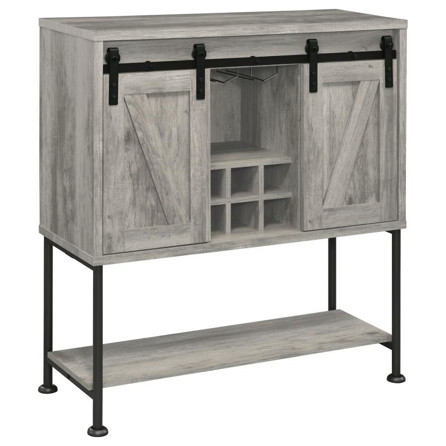Claremont Sliding Door Home Bar Wine Cabinet – Gray Driftwood Finish with Stemware Rack, Adjustable Shelves, Wine Storage, and Rustic Farmhouse Charm