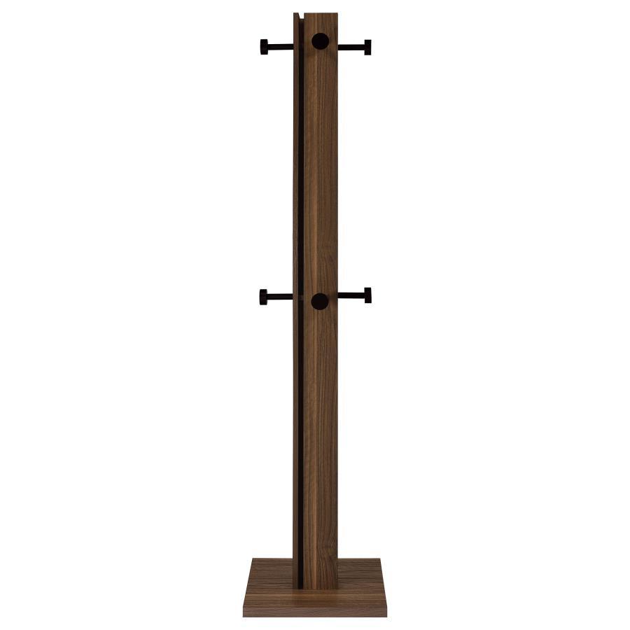 Rikkie Coat Rack and Mirror – Walnut Finish Mid-Century Modern Entryway Organizer with Black Metal Hooks, Wooden Caps, and Functional Wall Mirror