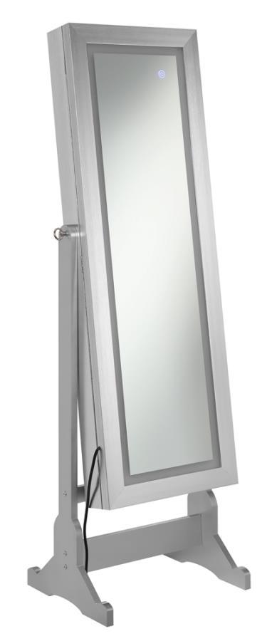 Moore Cheval Mirror with Jewelry Storage – Floor-Length Silver Standing Mirror with LED Lighting, Adjustable Swivel, and Hidden Jewelry Organizer for Bedroom