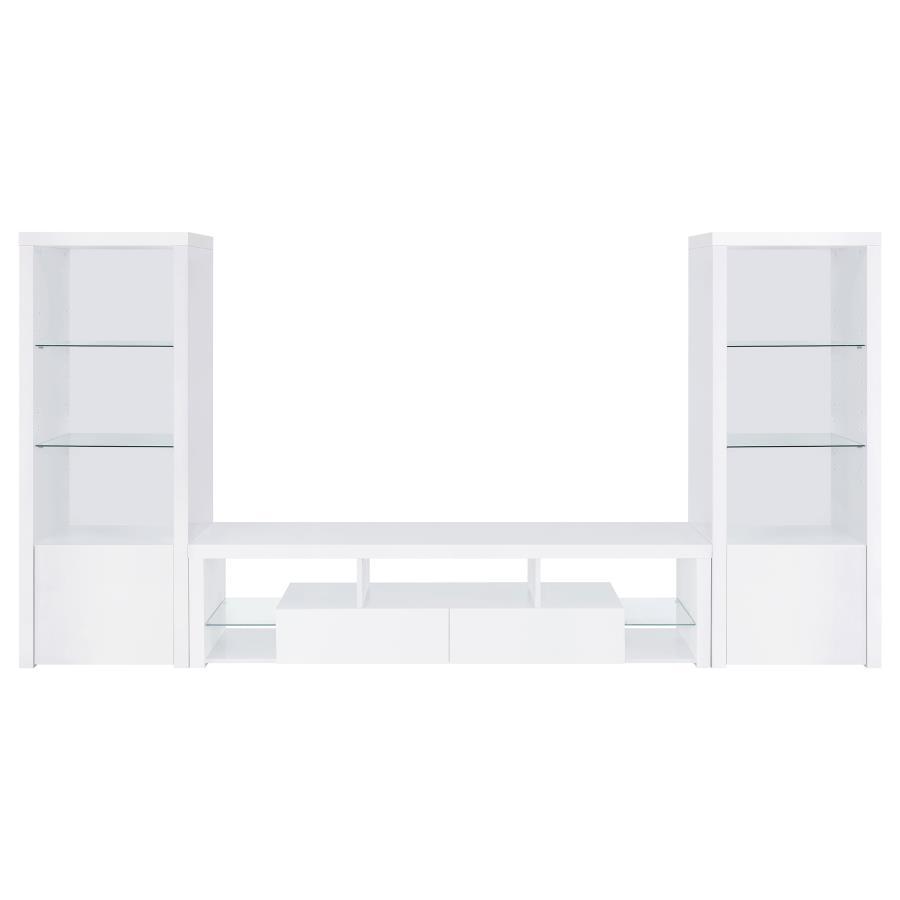 Jude 3 Piece TV Entertainment Center in White High Gloss – Modern Engineered Wood Stand with Glass Shelves, Soft-Close Drawers & Media Towers