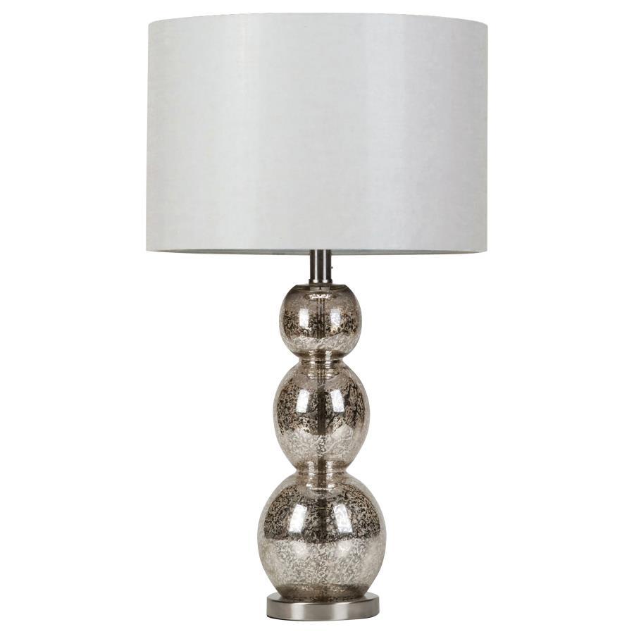 Mineta - Drum Shade Stacked Table Lamp in Antique Silver – Mercury Glass Base, Art Deco Inspired Accent Lighting with Neutral Drum Shade
