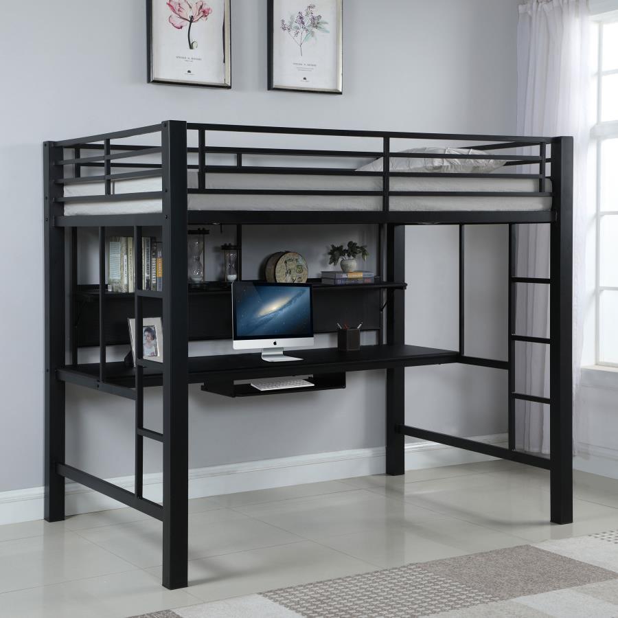 Avalon Full Workstation Loft Bed – Black Metal Frame, Desk with Keyboard Tray, Storage Shelf, Space-Saving Design, Modern Home Office & Bedroom