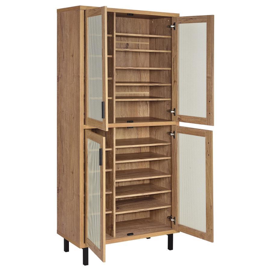 Teller - 4-Door Tall Shoe Storage Cabinet - Natural Oak Finish with Metal Mesh Doors, Adjustable Shelves & Sturdy Black Metal Legs