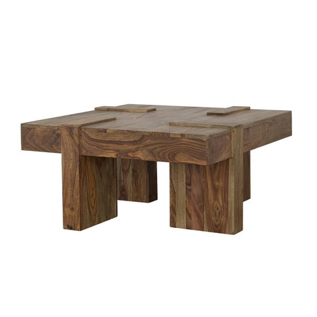 Samira - Square Solid Wood Coffee Table in Natural Sheesham – Modern Farmhouse Cocktail Table with Geometric Base for Living Room Centerpiece