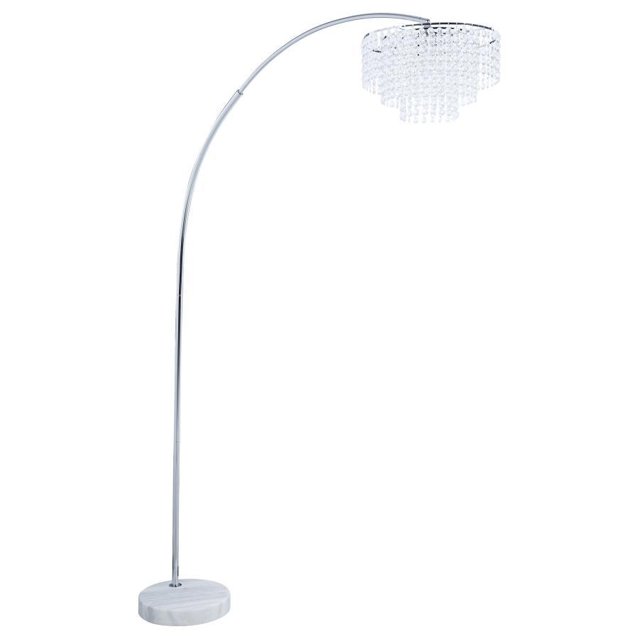 Shirley Hanging Crystal Arc Floor Lamp – Chrome Finish with Marble Base, Elegant Modern Lighting for Living Room, Office, or Home Library
