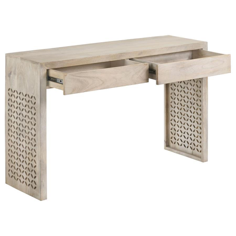 Rickman 2-Drawer Wood Entryway Console Table – Solid Mango Wood, White Washed Finish with Diamond Lattice Cutouts and Spacious Top Surface