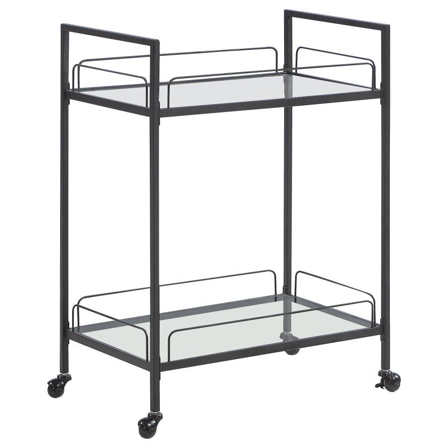 Curltis 2-Tier Rectangular Glass Shelf Metal Bar Cart – Black Hammered Powder-Coated Frame, Caster Wheels, Tempered Glass Shelves for Entertaining