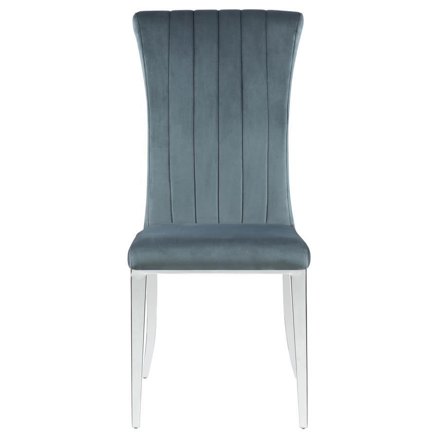 Beaufort 2-Piece Upholstered Dining Side Chair Set – Luxurious Steel Gray Velvet, Vertical Tufting, Cushioned Seat, Rolled Back, Polished Stainless Steel Legs