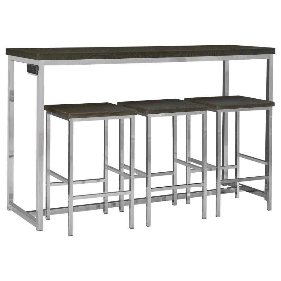 Cassidy 4 Piece Counter Height Dining Table Set – Dark Oak Finish, Rectangular Scratch-Resistant Top, Built-In Power Outlet, Chrome Frame Stools