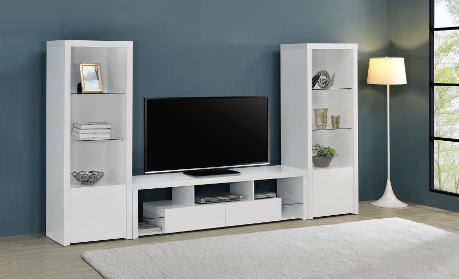Jude 3 Piece TV Entertainment Center in White High Gloss – Modern Engineered Wood Stand with Glass Shelves, Soft-Close Drawers & Media Towers