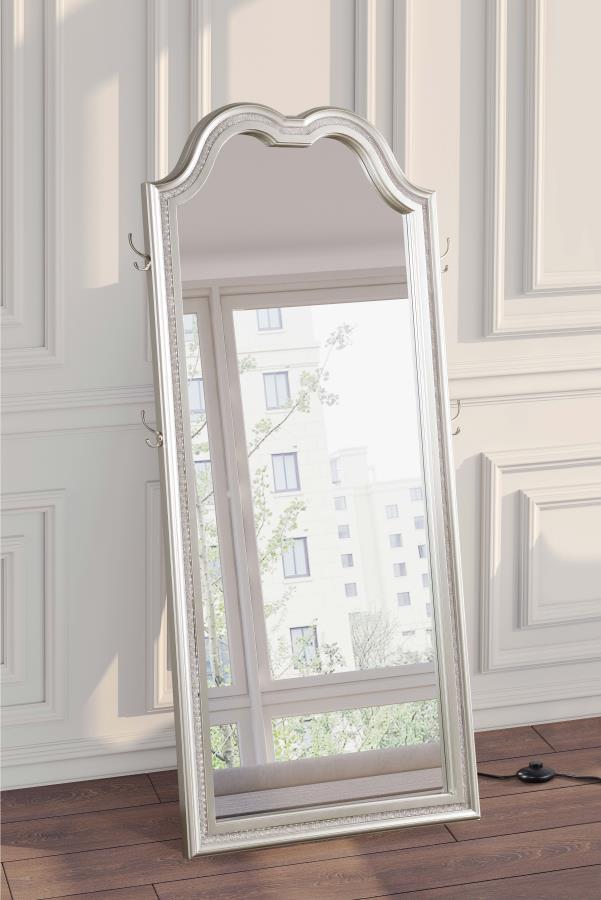 Evangeline Full Length LED Light Floor Mirror in Silver Oak – Contemporary Arch Top Design with Ambient Lighting for Bedroom or Dressing Area