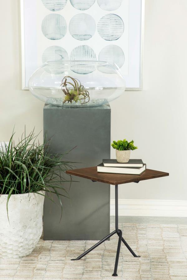 Heitor Square Wood Top Accent Side Table – Dark Brown Industrial Tripod Base, Eco-Friendly Mango Wood, Compact Nightstand & Modern Living Space Accent