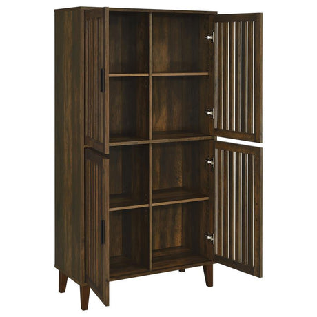 Elouise 4-Door Engineered Wood Tall Accent Cabinet in Dark Pine – Vintage-Inspired Storage with Slatted Panel Doors, Functional Elegance & Timeless Charm