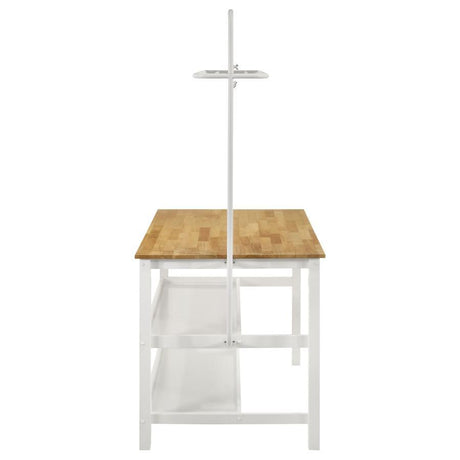 Edgeworth Kitchen Island Counter Table with Pot Rack – White Base, Natural Butcher Block Top, Two Storage Shelves, 7-Hook Hanging Rack, Farmhouse Style