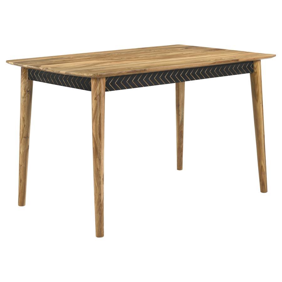 Partridge 5 & 7 Piece Counter Height Dining Set – Sheesham Wood Table with Geometric Apron, Mid-Century Modern Leather Upholstered Stools, Camel & Espresso