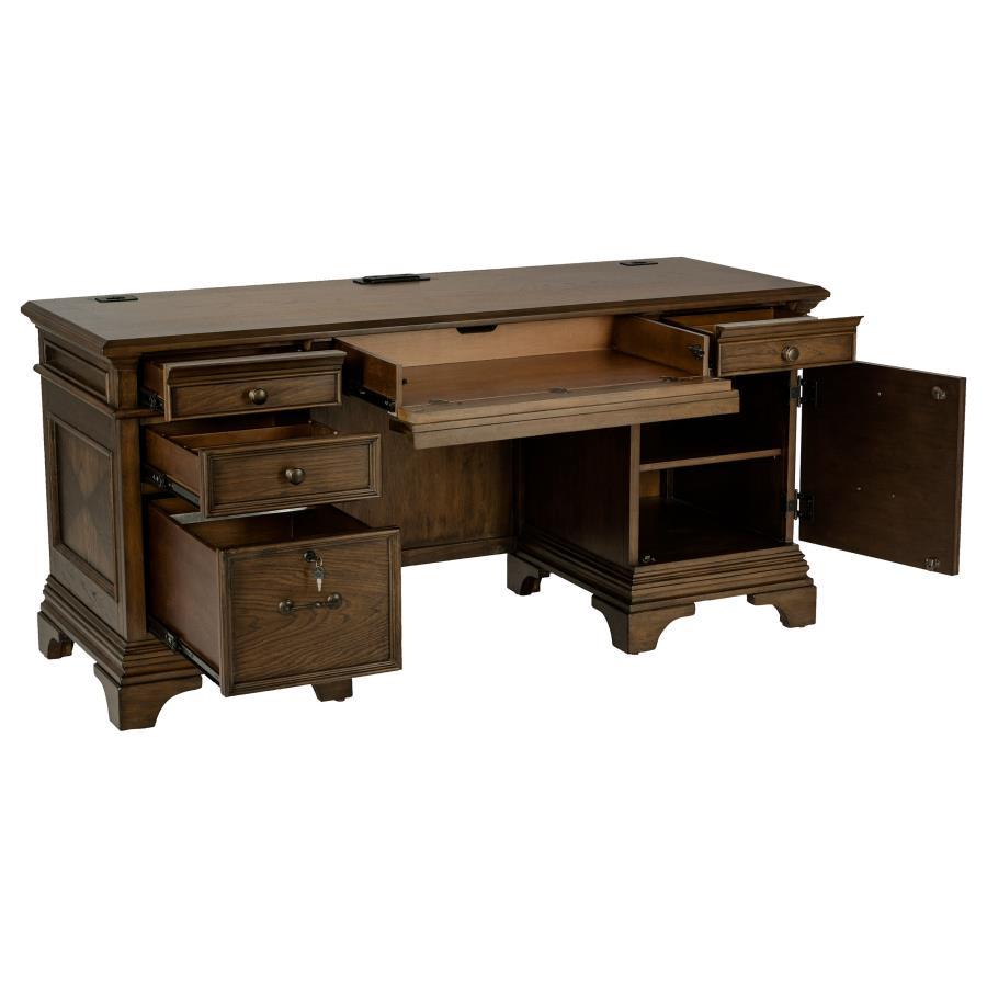Hartshill 5-Drawer Credenza Office Desk – Burnished Oak Finish, Felt-Lined Top Drawers, Lockable Cabinets, Stylish Storage for Home or Professional Workspace