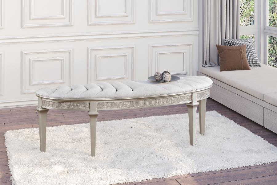 Evangeline Curved Fabric Upholstered Bench – Silver Oak Frame with Ivory Channeled Tufted Seat, Demilune Design for Bedroom or Entryway