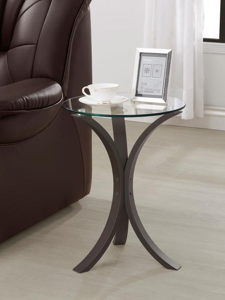 Edgar Round Glass Top Accent Side Table – Contemporary Cappuccino End Table with Curved Legs, Tempered Glass Surface and Minimalist Modern Design