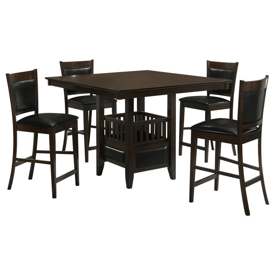 Jaden 5-Piece Square Counter Height Dining Set in Espresso – Table with Built-In Storage, Wine Glass Holder & 4 Upholstered Black Vinyl Stools