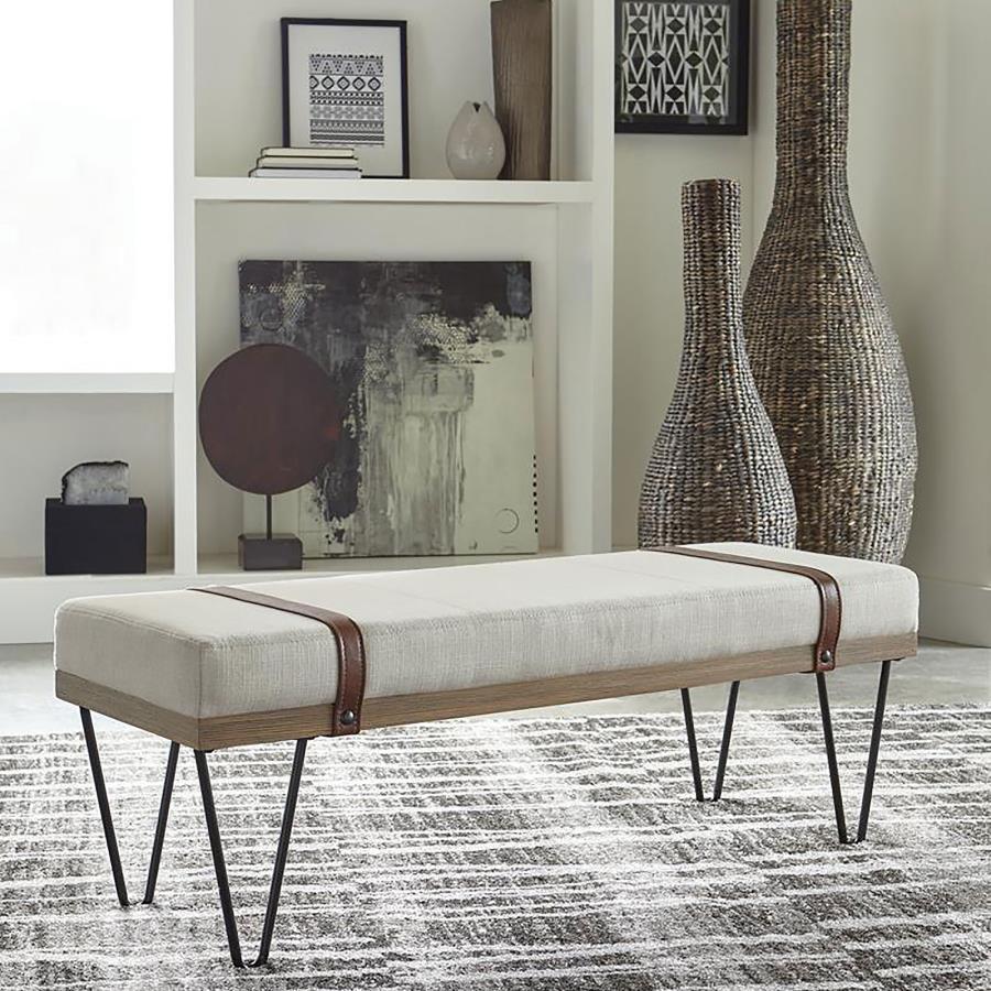 Austin Fabric Upholstered Accent Bench – Beige, Modern Rustic Hairpin Legs, Nailhead Trim, Stylish Living Room or Entryway Seating, Decorative Bench