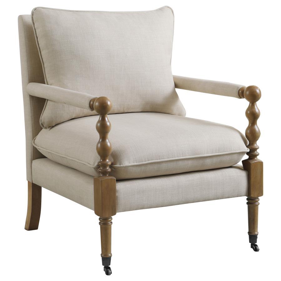 Dempsy - Upholstered Accent Chair with Casters in Beige | Linen-Like Fabric Accent Seating with Plush Cushions and Dark Oak Wood Frame