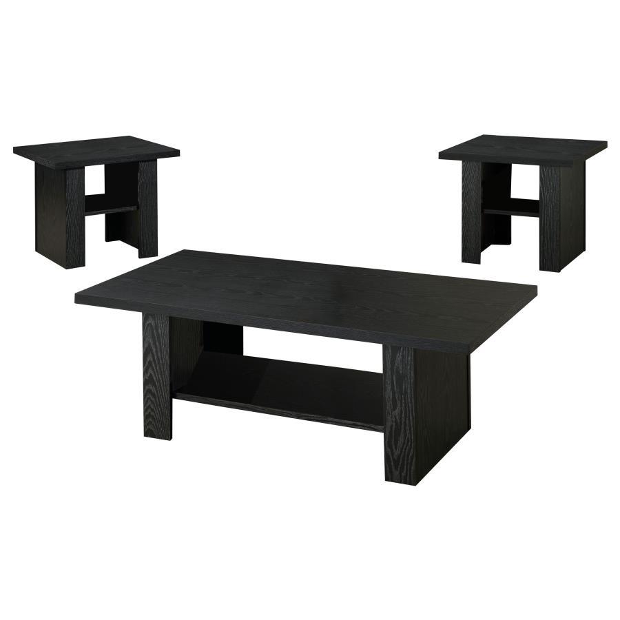 Rodez 3-Piece Coffee Table Set in Black Oak, Engineered Wood with Scratch-Resistant Laminate, Includes Coffee Table and Two End Tables, Modern Living Room
