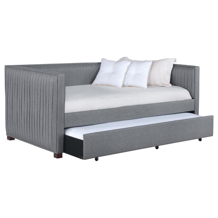 Brodie Upholstered Twin Daybed with Pull-Out Trundle in Gray Fabric – Modern Pleated Design, Versatile Sofa Bed with Black Finish Feet