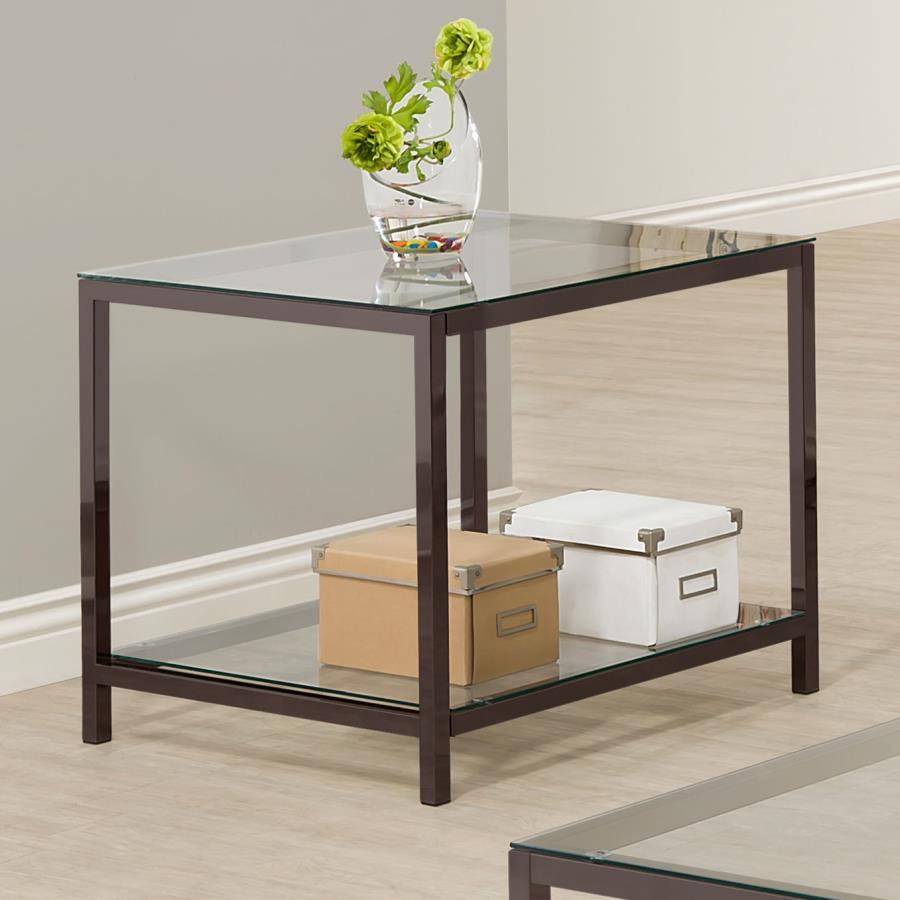 Trini 1-Shelf Glass Top Side End Table in Black Nickel – Modern Square Tempered Glass Accent Table with Open Metal Frame and Storage Shelf