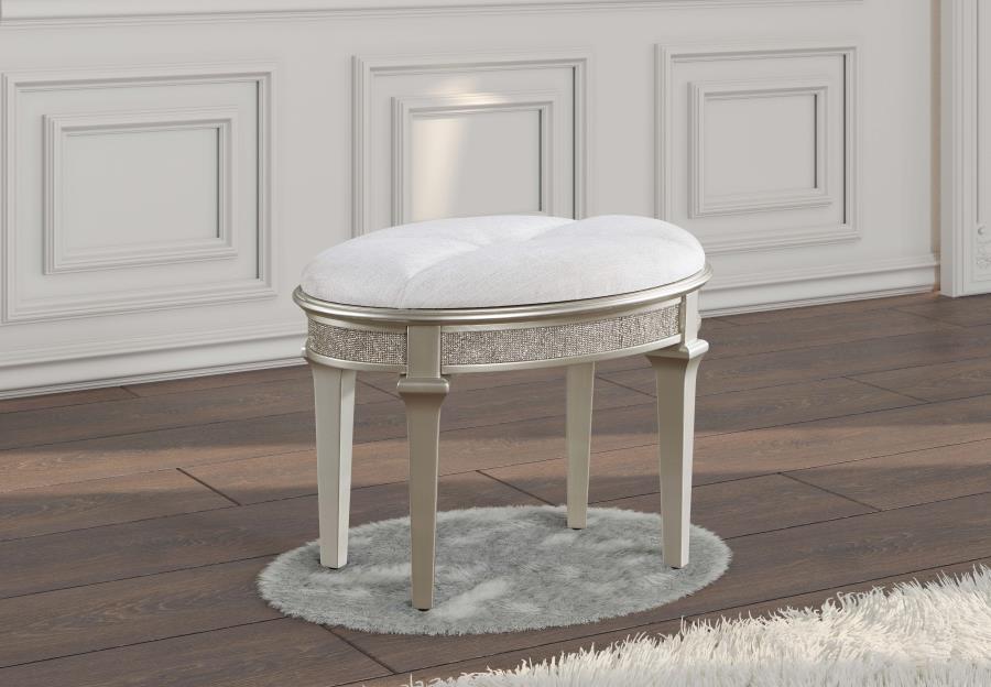 Evangeline Upholstered Oval Vanity Stool in Silver Oak and Ivory – Glam Chenille Seat with Glitter Trim, Tapered Legs & Elegant Backless Design