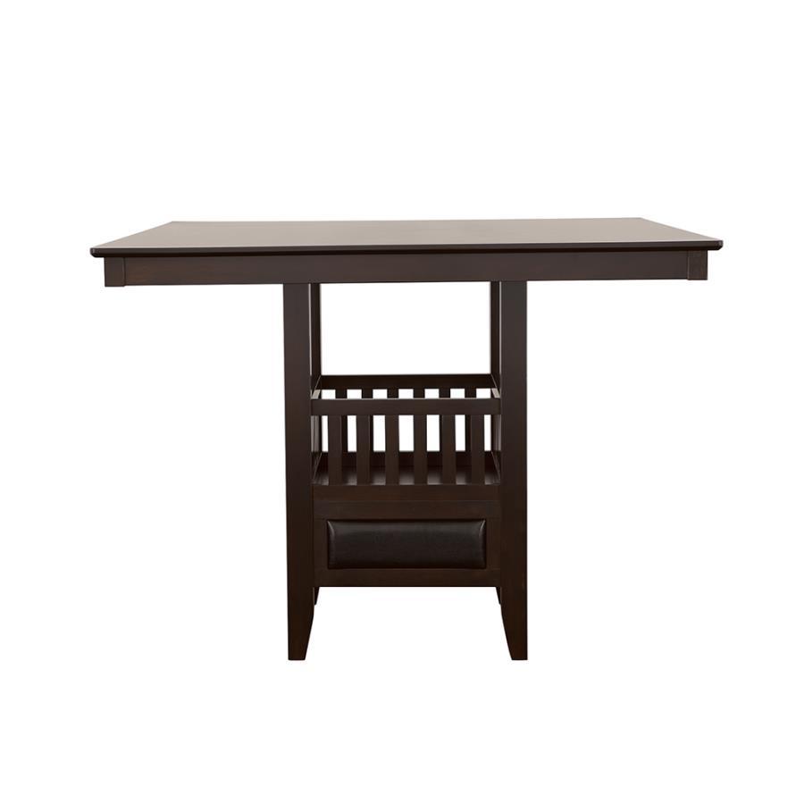Jaden Square Counter Height Dining Table in Espresso – Sleek Slatted Wood Design with Center Cabinet, Wine Glass Holder & Spacious Dining Surface