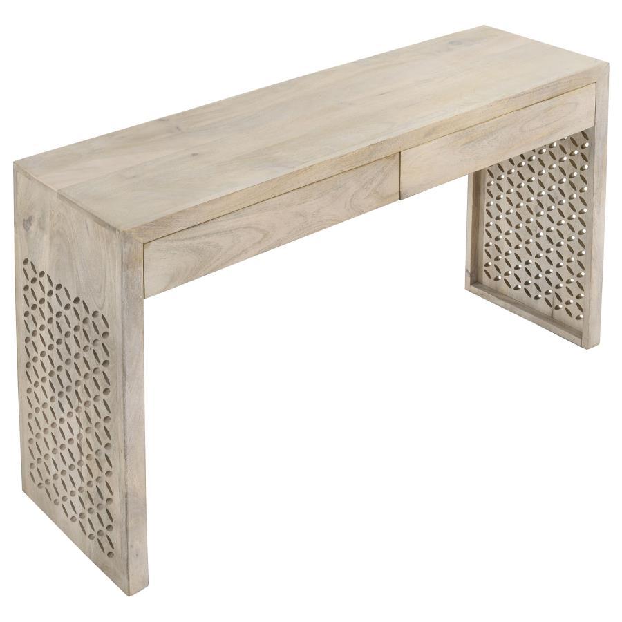 Rickman 2-Drawer Wood Entryway Console Table – Solid Mango Wood, White Washed Finish with Diamond Lattice Cutouts and Spacious Top Surface