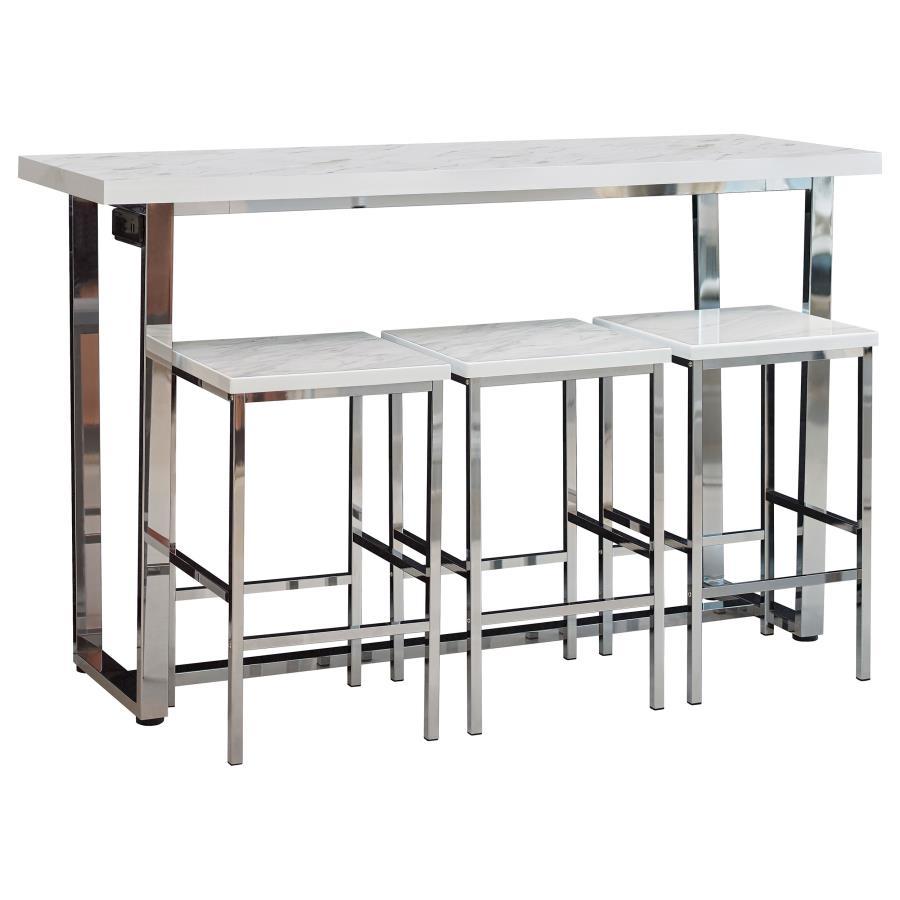 Marmot 4-Piece Rectangular Counter Height Table Set – Chrome Frame with White Faux Marble Top and Three Matching Stools for Modern Dining & Kitchen