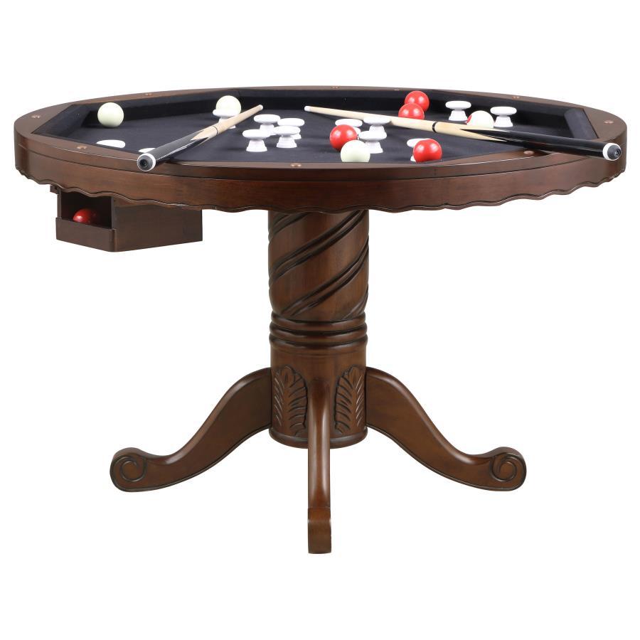 Turk Round Dining and Billiard Poker Game Table – Tobacco Birch Finish with Velvet-Lined Card Surface, Intricate Spiral Carvings, Complete Game Set