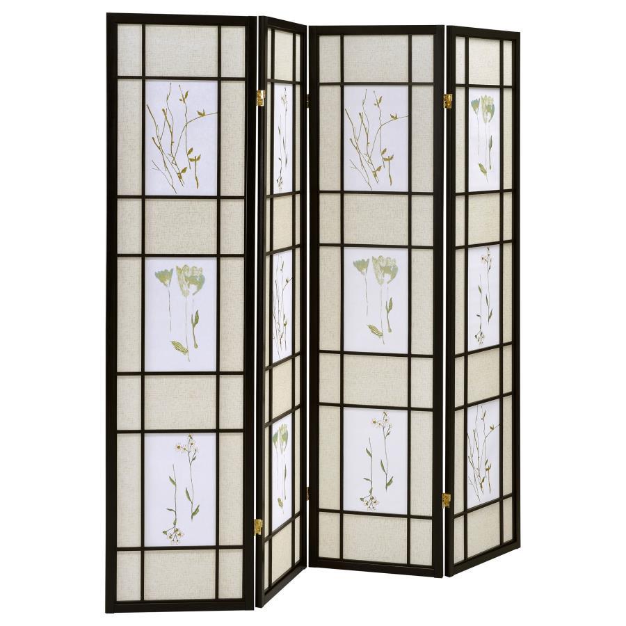 Catabella 4-Panel Room Divider Folding Shoji Screen with Floral Design – Black Frame, Privacy Screen for Bedroom, Living Room, or Office Spaces