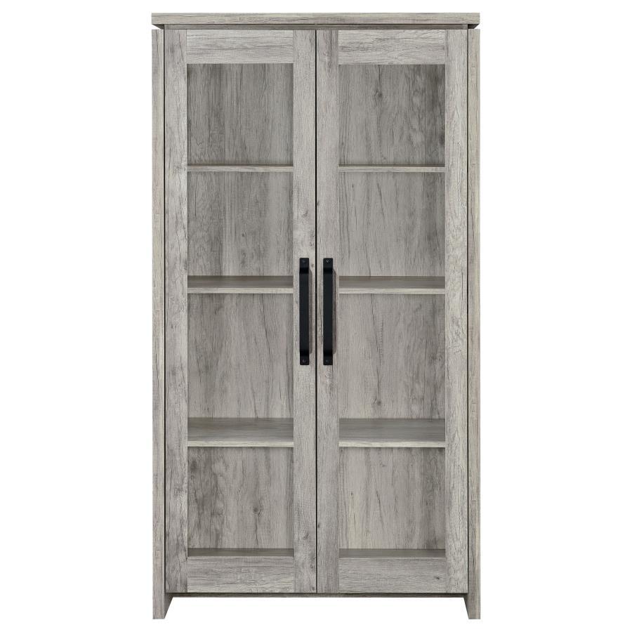 Alejo 2-Door Engineered Wood Tall Cabinet – Gray Driftwood Finish, Glass Doors with Dark Hardware, 8 Shelves for Display and Storage in Living Room or Den