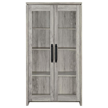Alejo 2-Door Engineered Wood Tall Cabinet – Gray Driftwood Finish, Glass Doors with Dark Hardware, 8 Shelves for Display and Storage in Living Room or Den