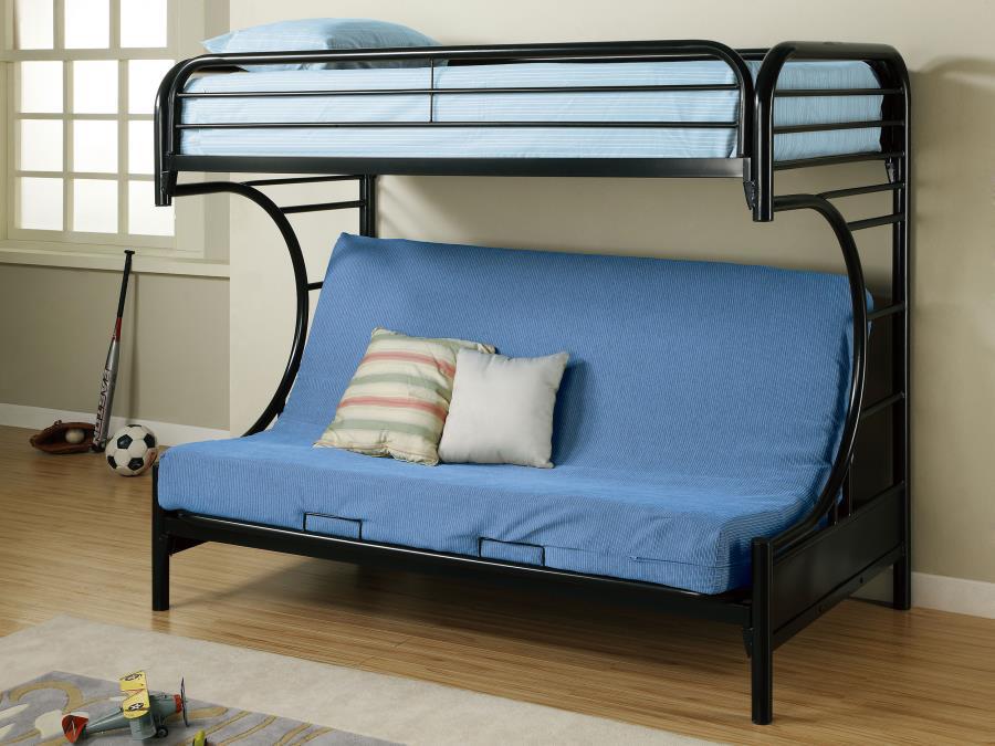 Montgomery Metal Twin Over Futon Bunk Bed – Glossy Black Frame with Full-Length Guard Rail & Convertible Sofa Bed for Space-Saving Comfort