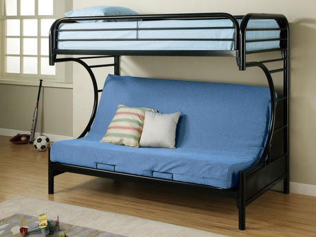Montgomery Metal Twin Over Futon Bunk Bed – Glossy Black Frame with Full-Length Guard Rail & Convertible Sofa Bed for Space-Saving Comfort