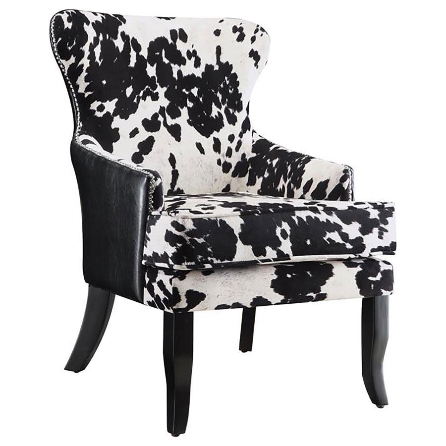 Trea Cowhide Print Upholstered Accent Chair – Black and White Microfiber and Leatherette with Curved Espresso Legs, Modern Statement Seating