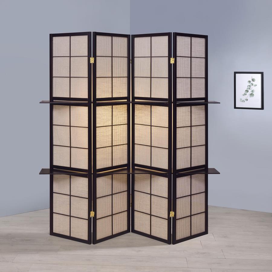 Iggy 4-Panel Folding Shoji Screen Room Divider – Cappuccino Finish with Hinged Panels, Decorative Tan Panels, and Functional Shelving