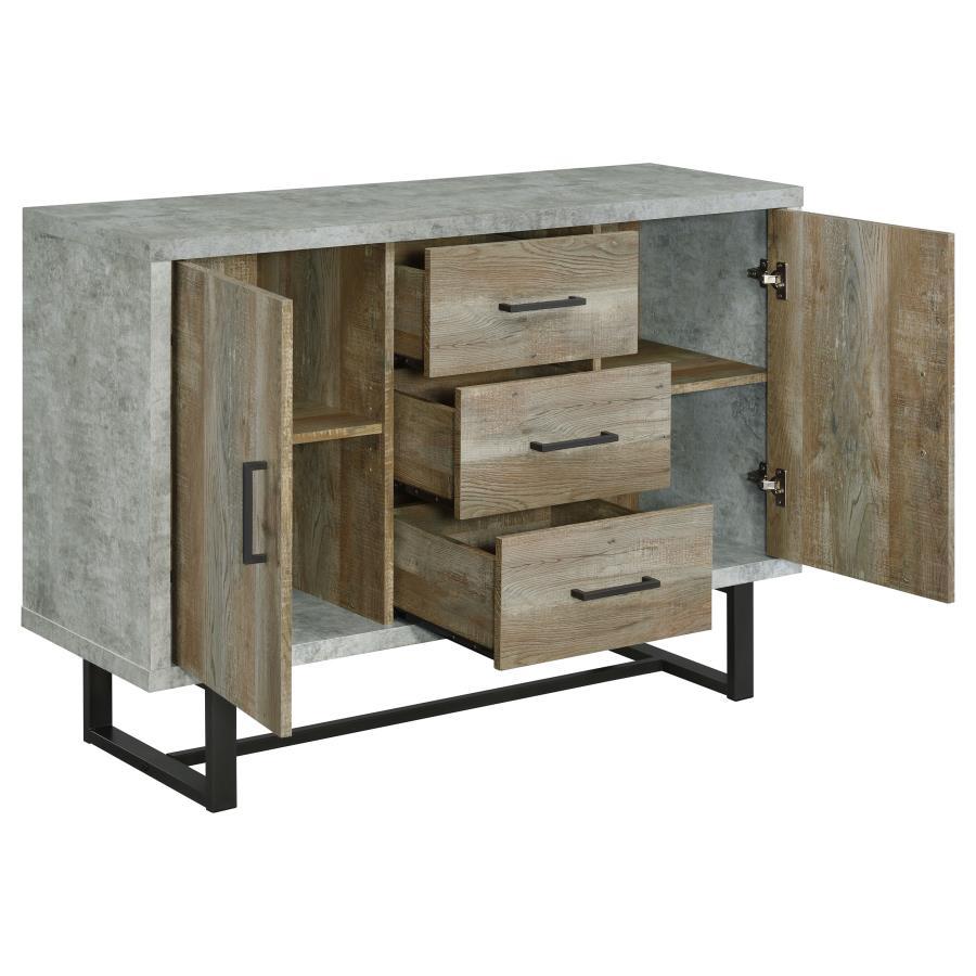 Abelardo 3-Drawer Engineered Wood Cabinet – Weathered Oak with Gunmetal Accents, Faux Cement Finish, Industrial Trestle Base, Rustic Modern Accent Storage