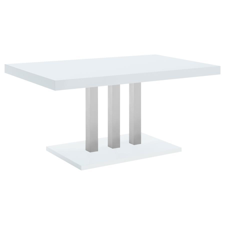Brooklyn 5-Piece Rectangular Dining Set in White High Gloss – Modern Dining Table with 4 Two-Tone Gray & White Cantilever Chairs, Chrome Base