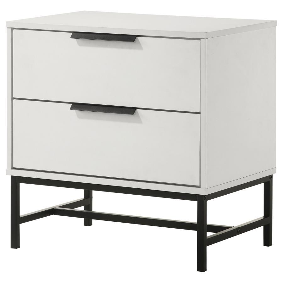 Sonora 2-Drawer Nightstand Bedside Table – Modern White Bedroom Accent with Black Base, Slim Bar Pulls, Minimalist Design, and Practical Storage