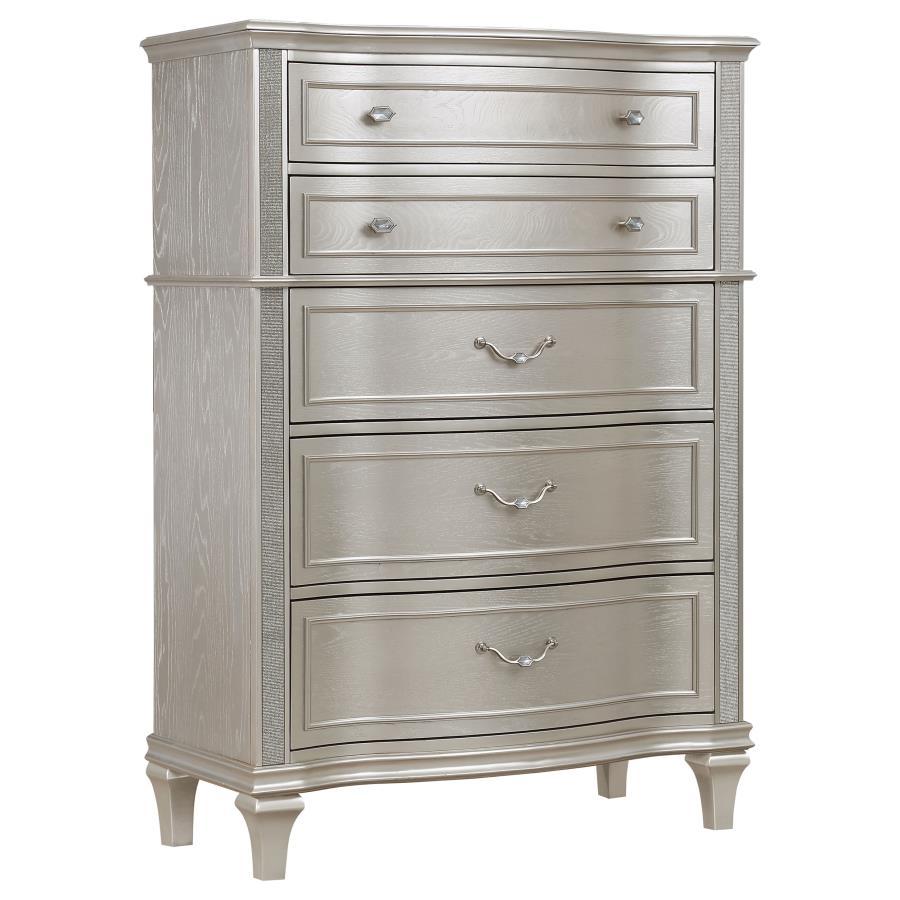 Evangeline 6-Drawer Bedroom Chest – Silver Oak, Tall Glam Dresser with Wavy Facade, Felt-Lined Top Drawer, Hexagon Hardware, Modern Luxury
