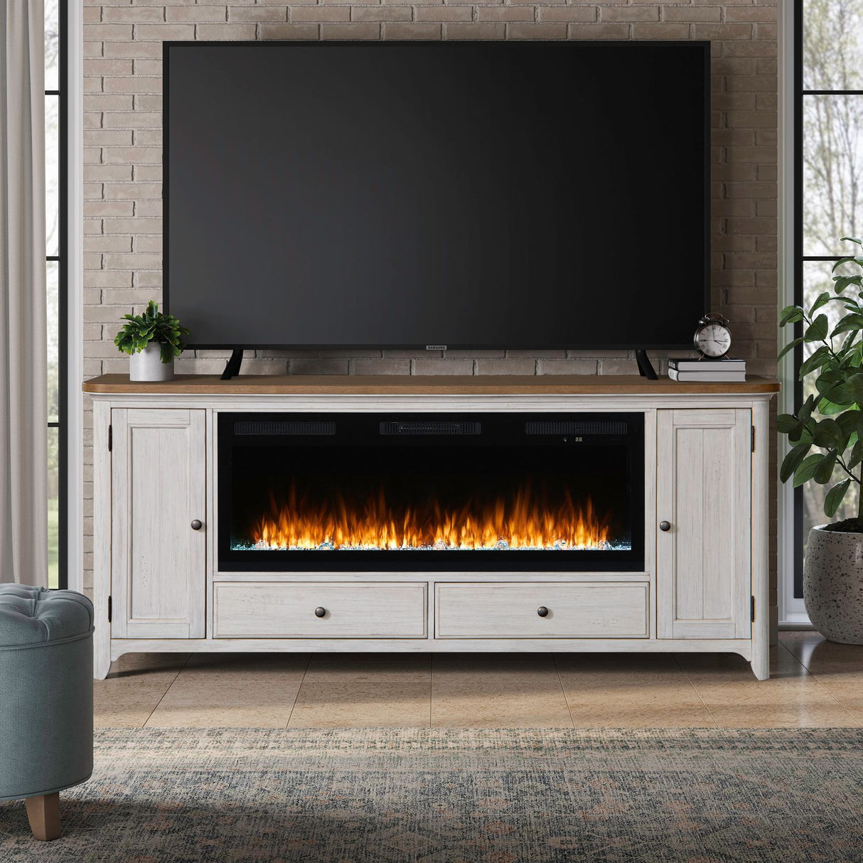 Fireplace TV Consoles - 80" Console With Fire FTS Set - Brown / White