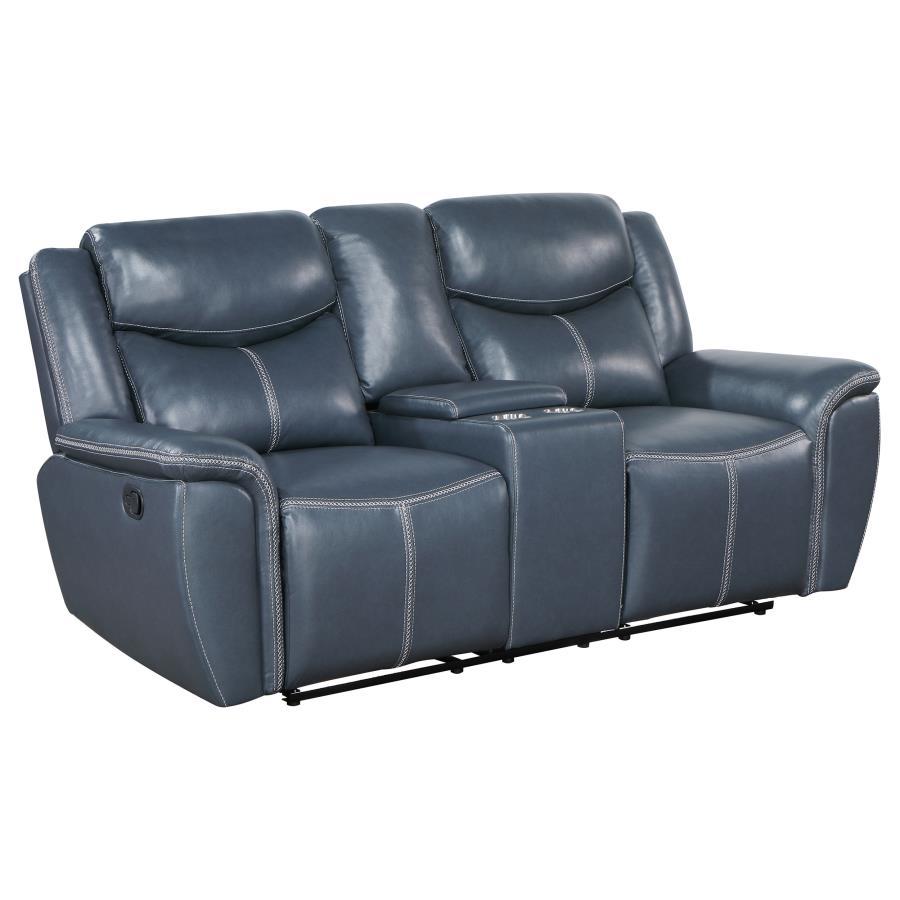 Sloane Upholstered Padded Arm Reclining Loveseat – Blue Faux Leather, Dual Recliners, Plush Foam Cushions, Modern Living Room Comfort